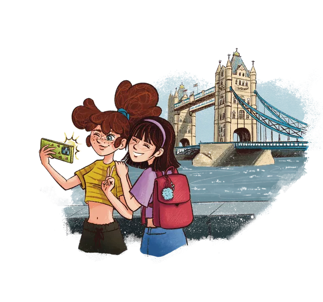 Illustration of two girls taking a selfie in front of Tower Bridge