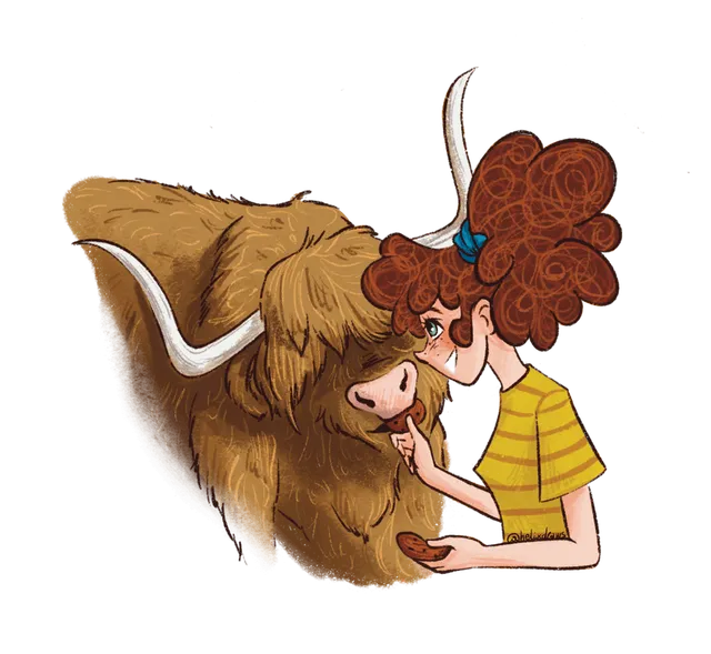 Illustration of a girl petting a Highland cow