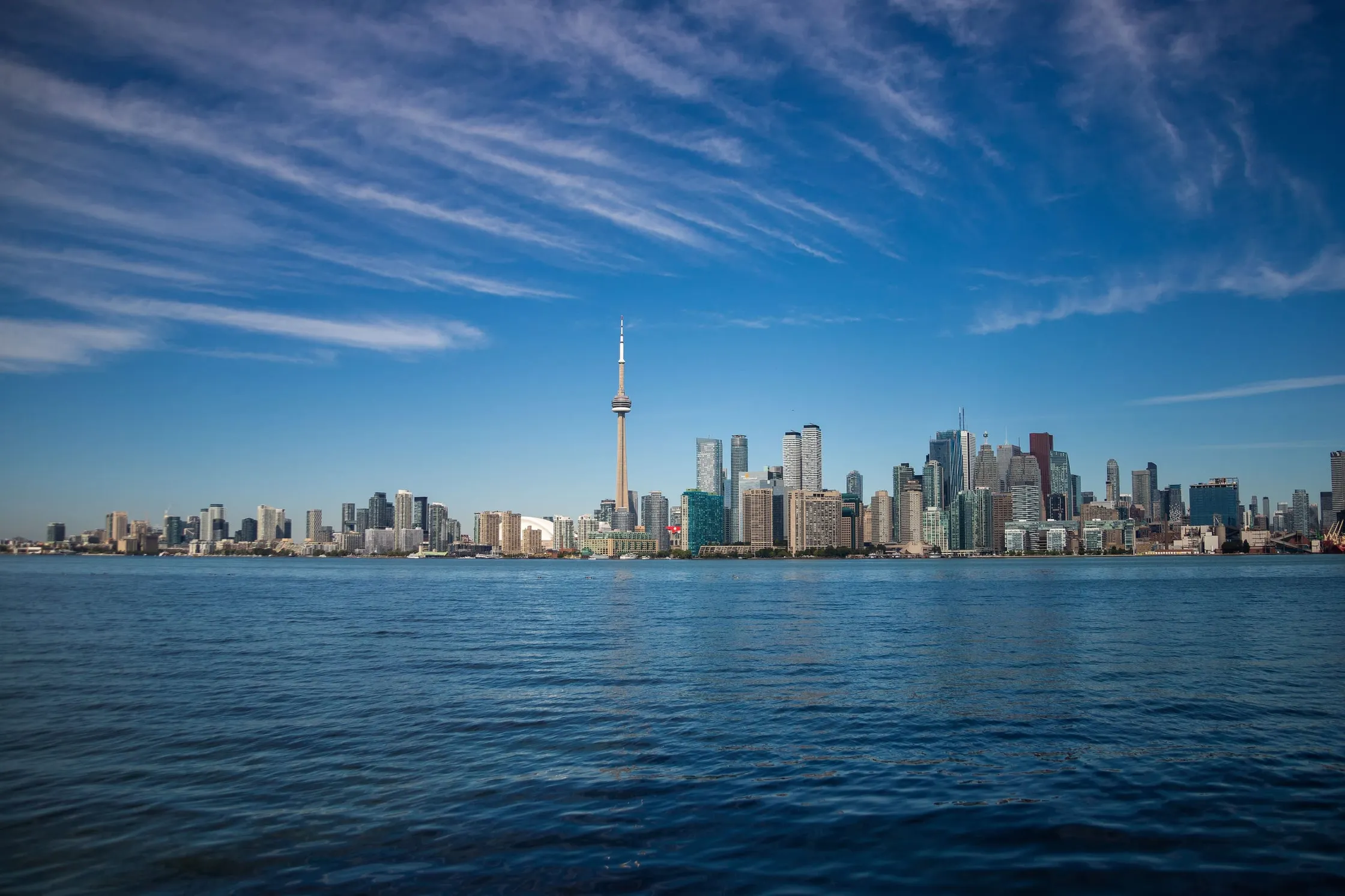The Toronto skyline with the CN Tower, seen from the lake